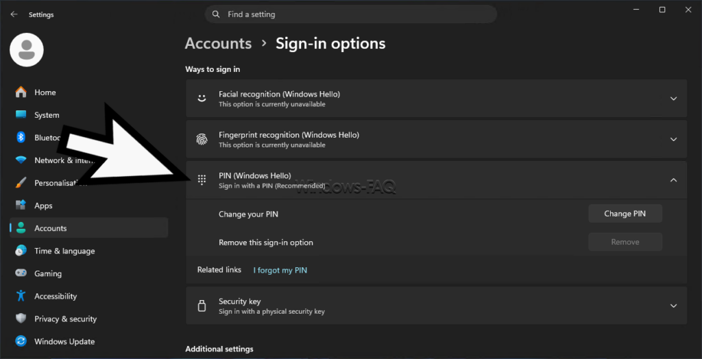 Windows Accounts Sign-In options PIN Windows Hello