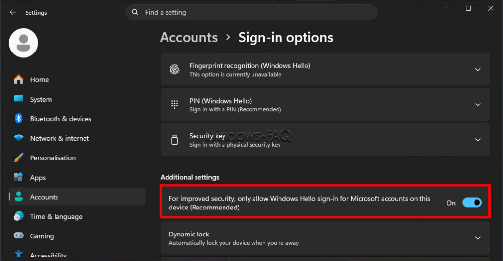 For improved security only alle Windows Hello sign-in