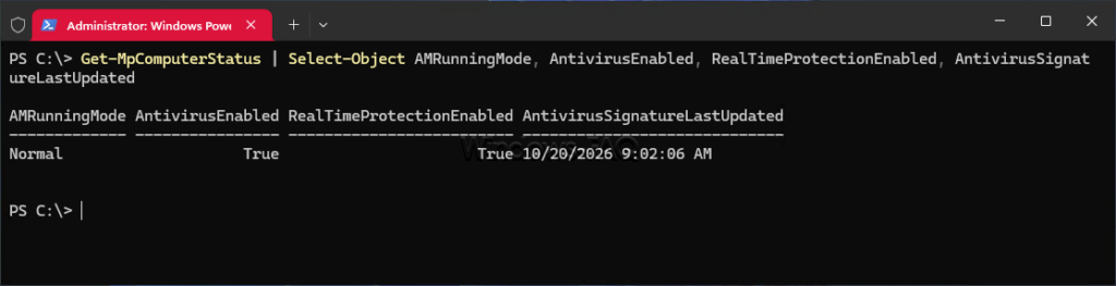 Get-MpComputerStatus -Defender's operating mode and antivirus status