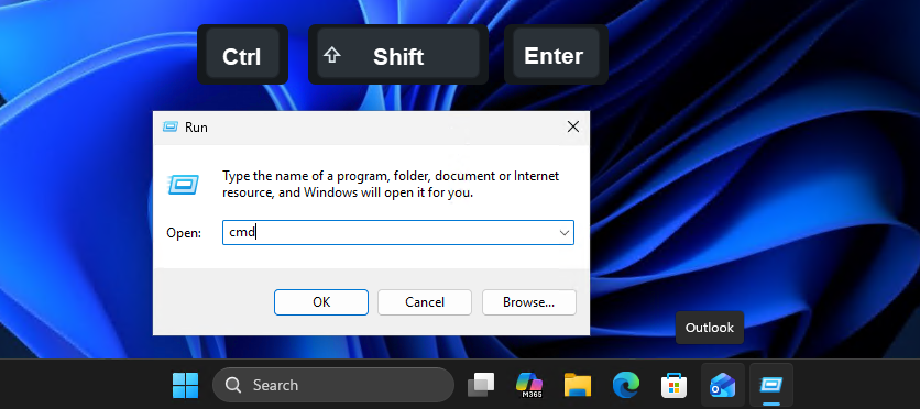 Open CMD as administrator with cmd, windows + r and ctrl and shift