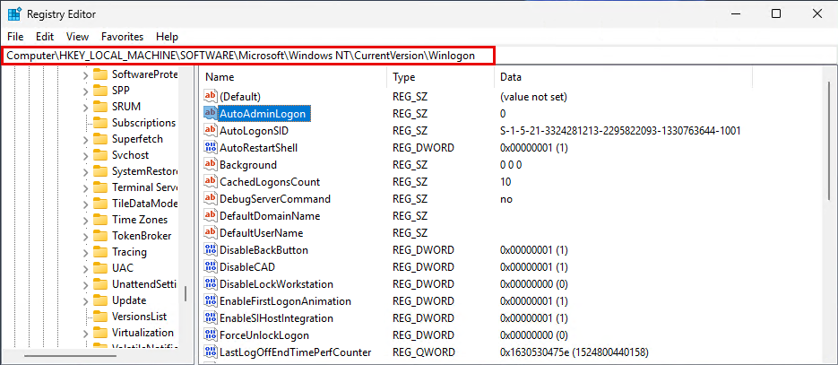 Registry WinLogon AutoAdminLogon