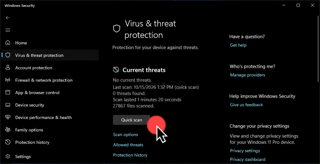 Windows Defender Quick scan
